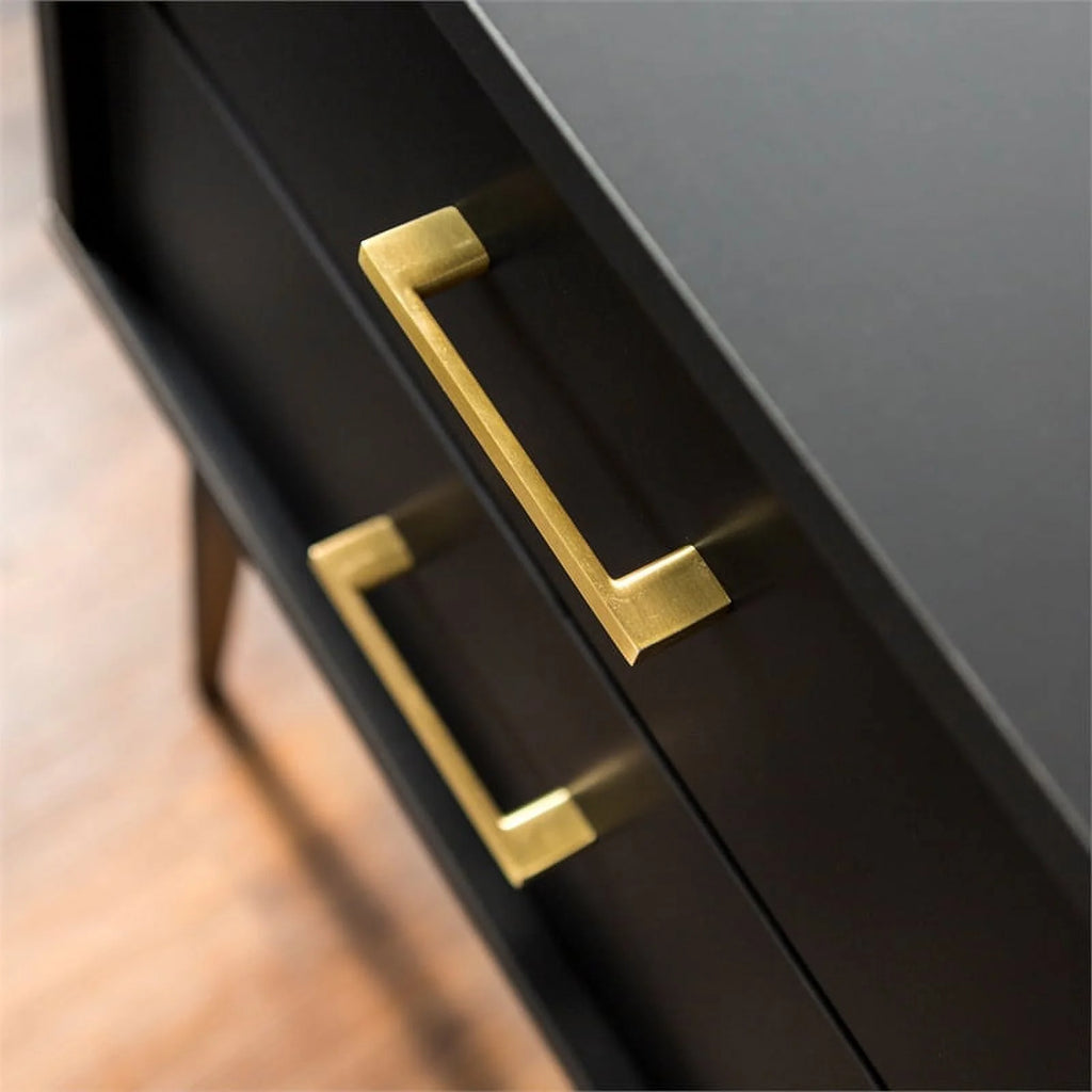 2 Piece Modern Wood Side Table Set with Gold Metal Handle in Black Q35823