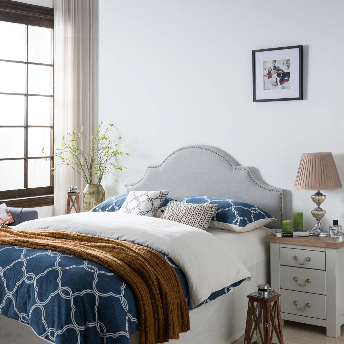 Light Gray Fabric Full/Queen Headboard with Nailhead Trim L39652