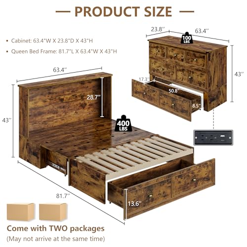 Queen Size Murphy Bed with Charging Station and Storage Drawer F4053