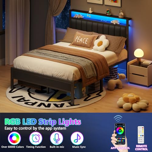 Full Size Bed Frame with Charging Station and LED Lights Y488