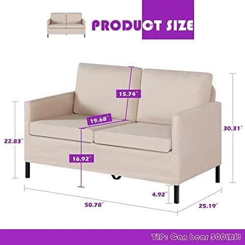 Fabric Modern Small Loveseat Sofa Couch 51" W Upholstered 2-Seater with Iron Legs R874893