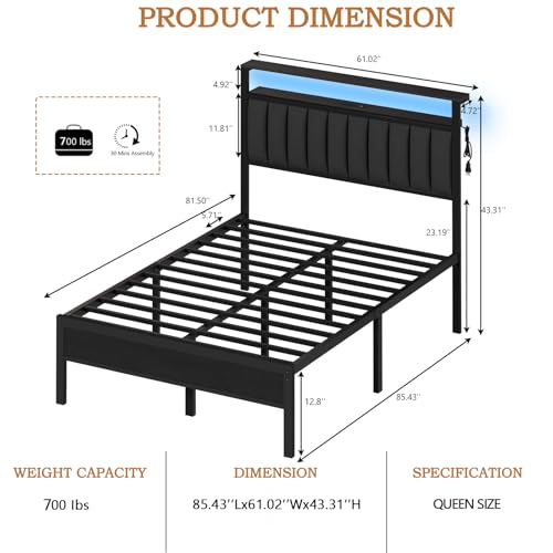 Full Size Bed Frame with Charging Station and LED Lights Y488