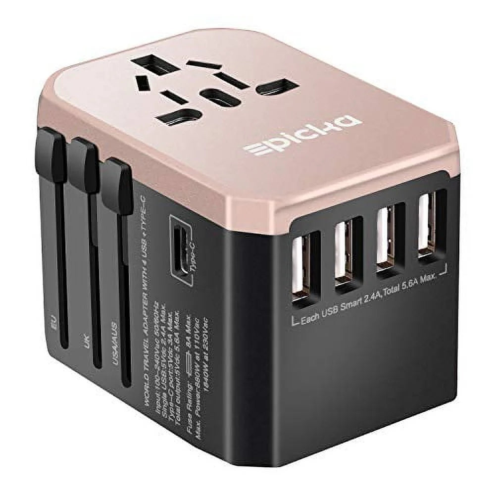 Universal Travel Power Adapter All in One Worldwide Wall Charger AC Plug Adaptor with 5.6A Smart Power and 3.0A Type-C Rose Gold Q26627