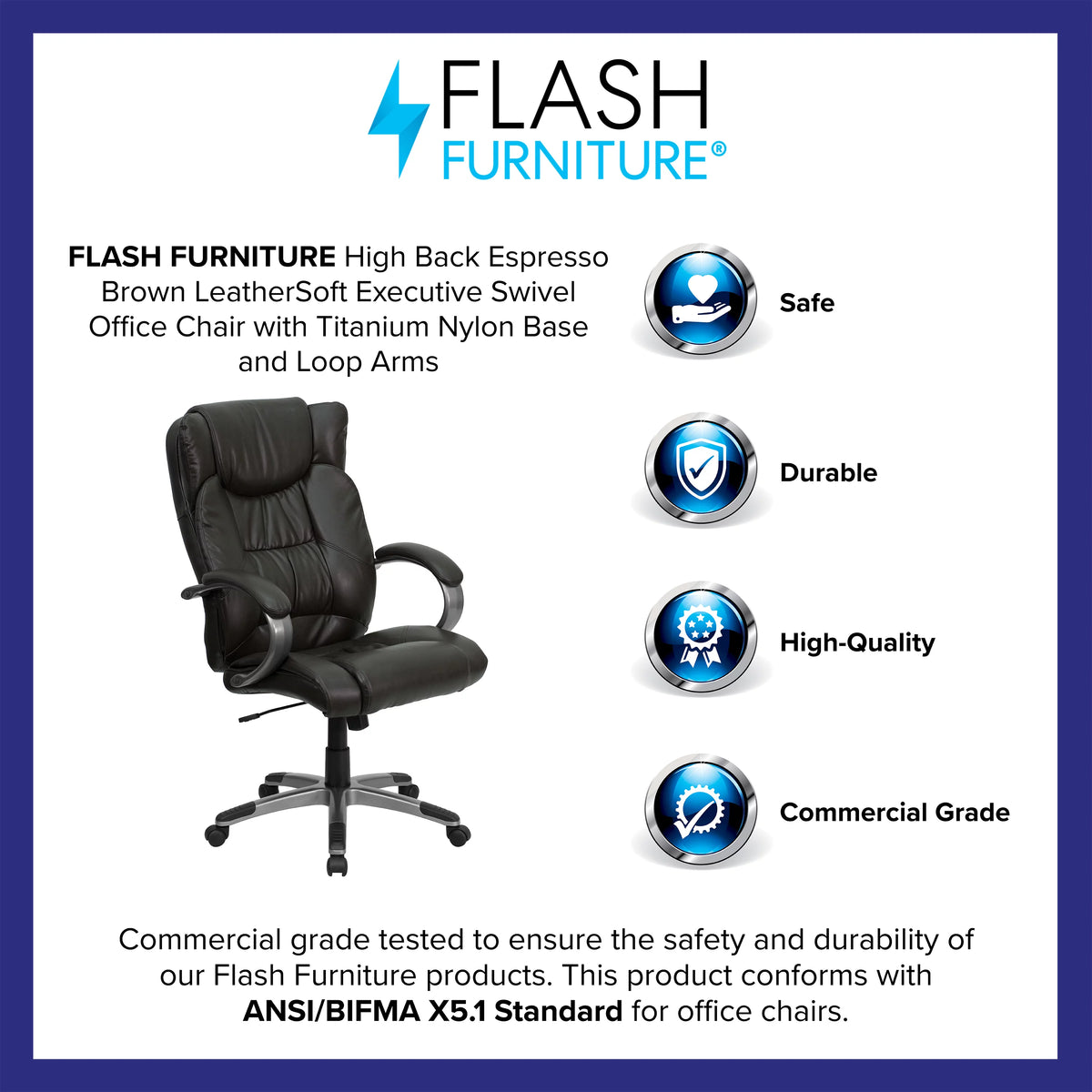 High Back Espresso Brown Executive Swivel Office Chair with Loop Arms L420986