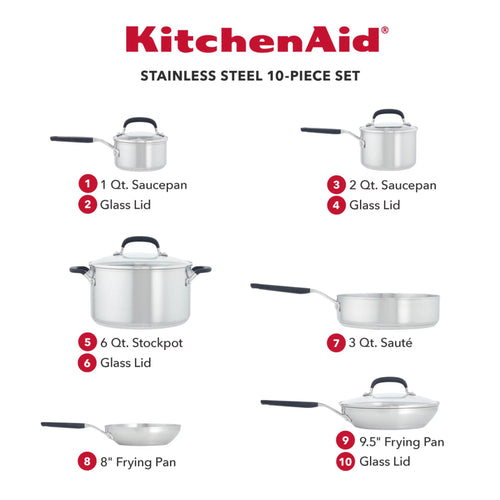 10 Pieces Brushed Stainless Steel Cookware Set T118