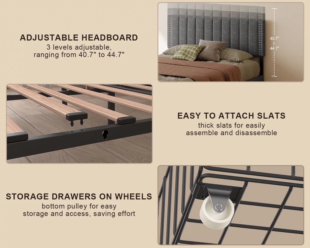 Queen Bed Frame with Adjustable Headboard and 4 Storage Drawers N174986