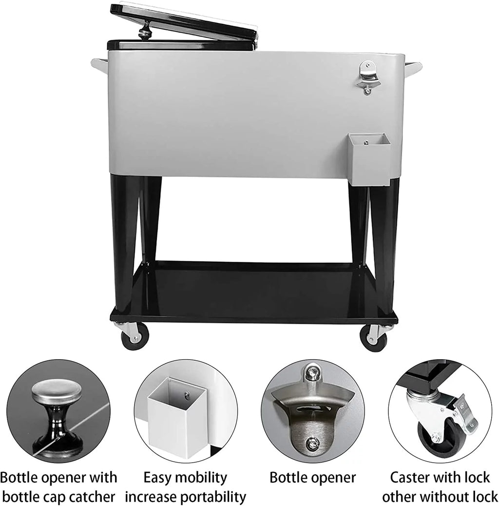 80QT Rolling Cooler Cart with Wheels Silver Q5832