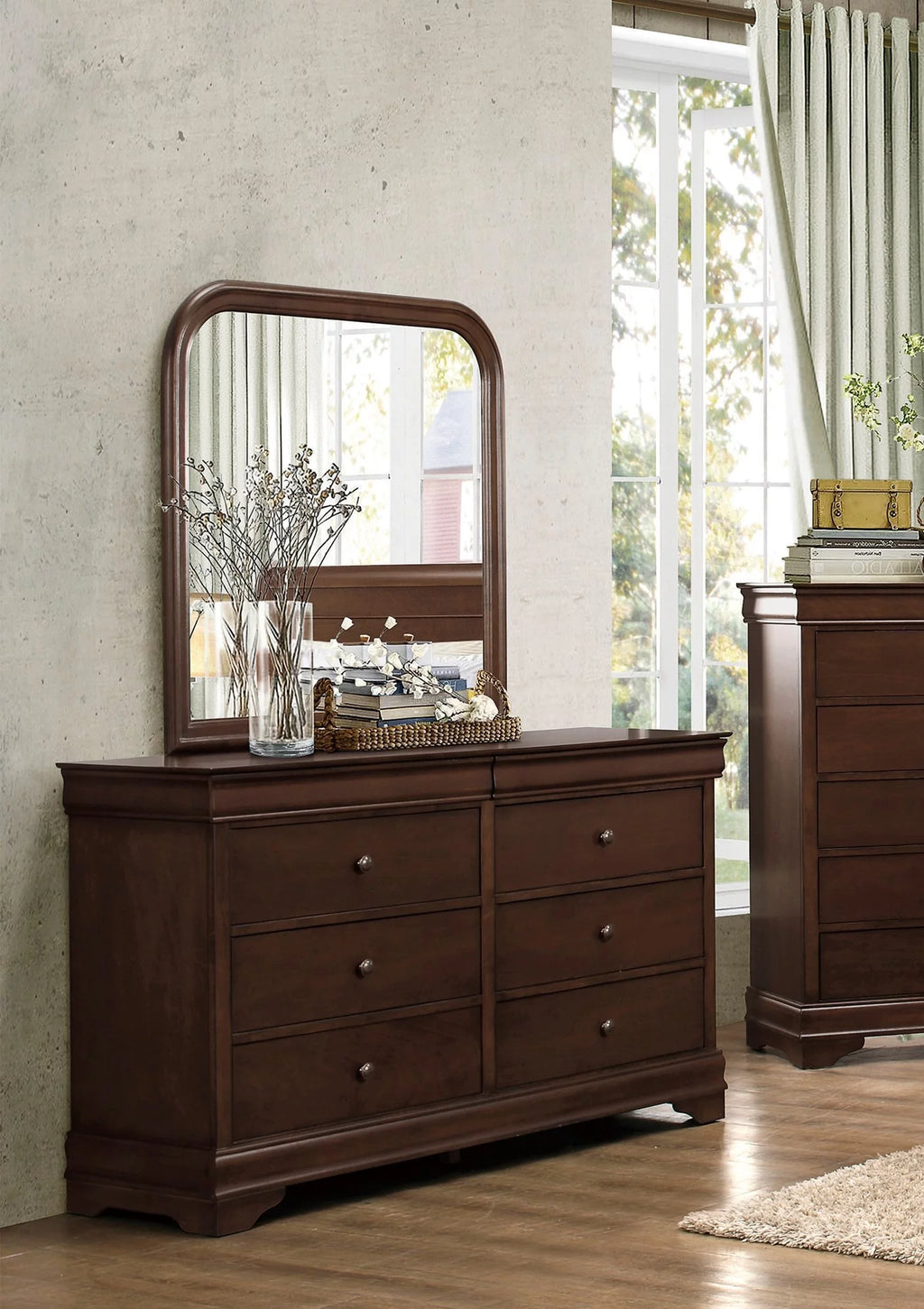 4pc Eastern King Sleigh Bed Nightstand Dresser Mirror Brown Cherry Finish P2903