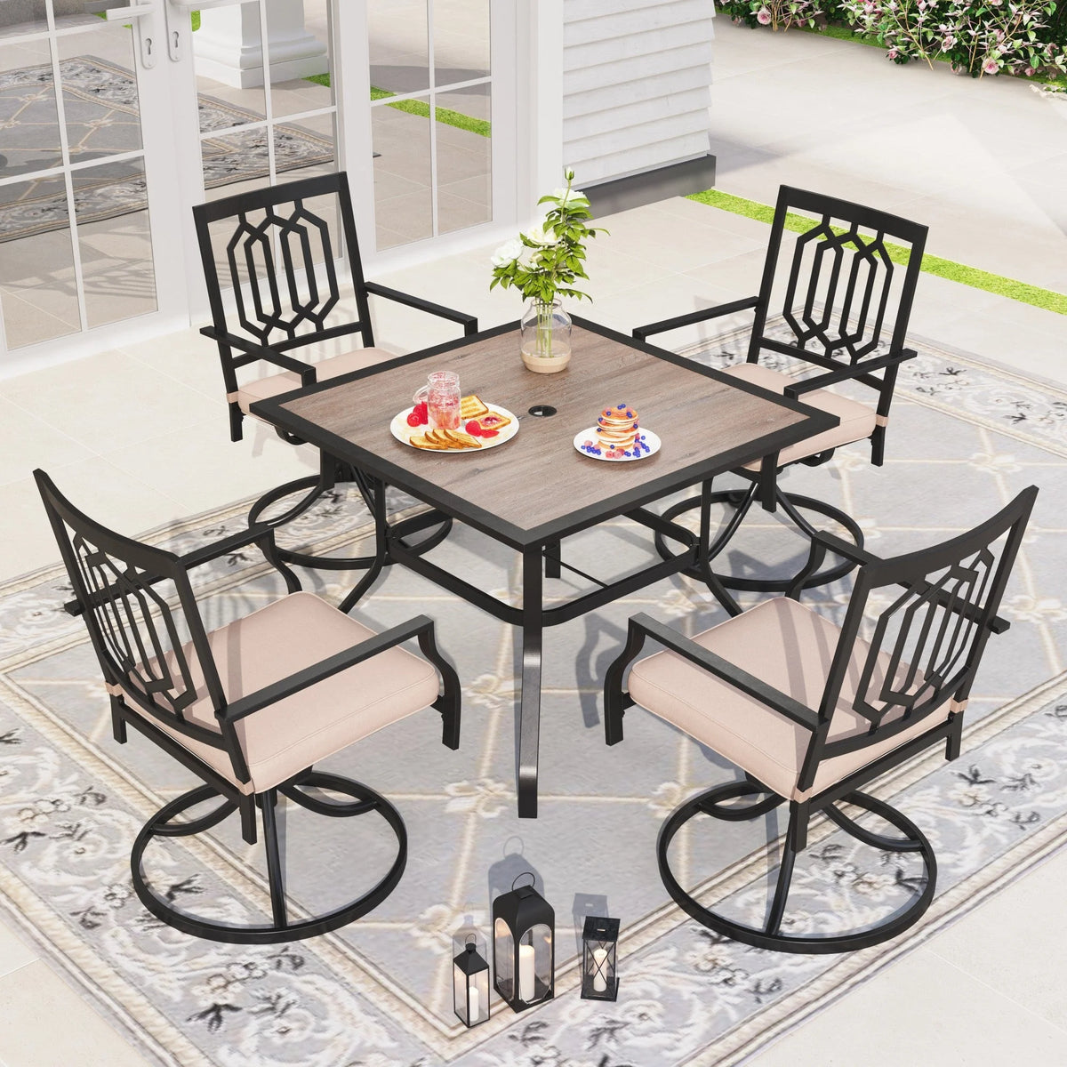 5 Pcs Metal Swivel Chairs and Teak Wood Table Set A6263