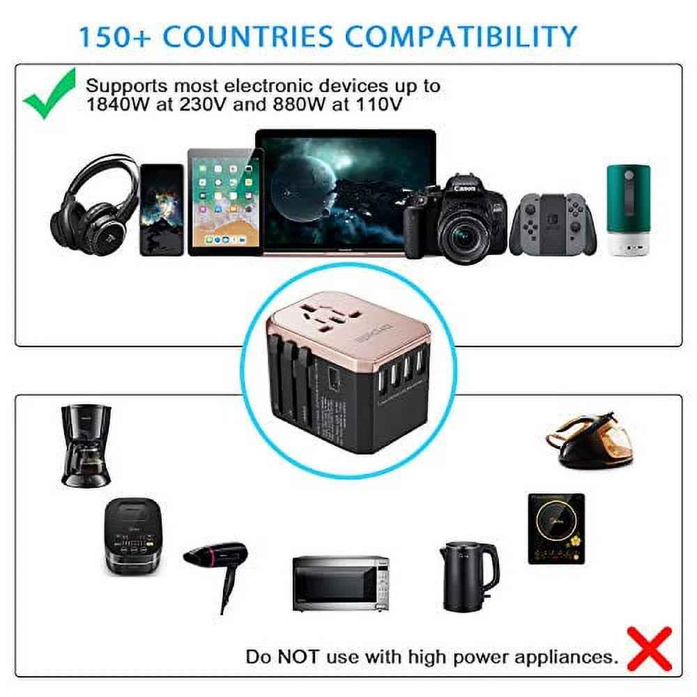 Universal Travel Power Adapter All in One Worldwide Wall Charger AC Plug Adaptor with 5.6A Smart Power and 3.0A Type-C Rose Gold Q26627