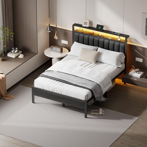 Full Size Bed Frame with Charging Station and LED Lights Y488