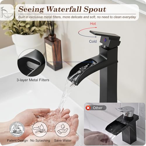 Black 12 Inch Waterfall Tall Single Handle Brass Vessel Sink Faucet E854579