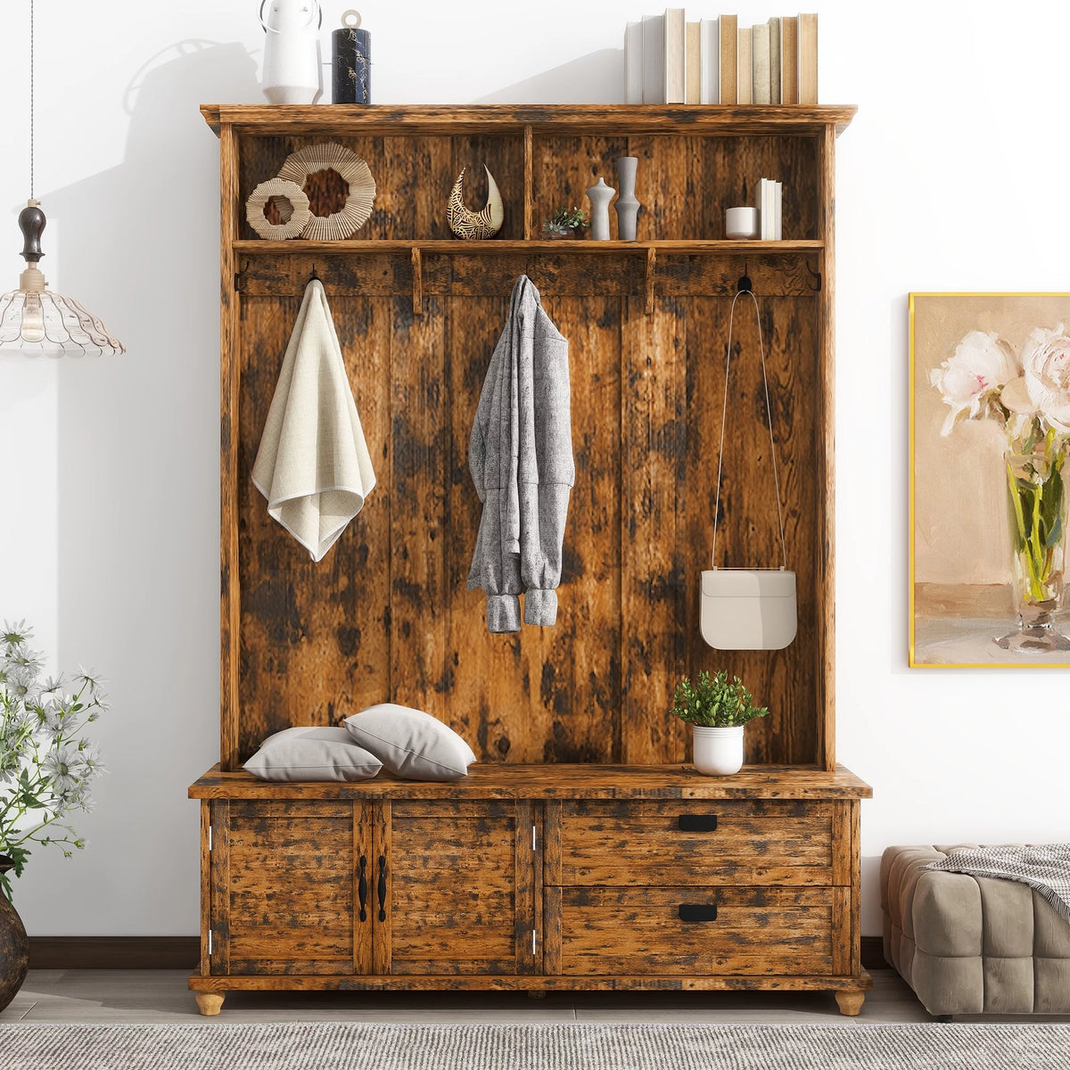 Rustic Brown Hall Tree with Storage Cabinet and 2 Drawers Q5985
