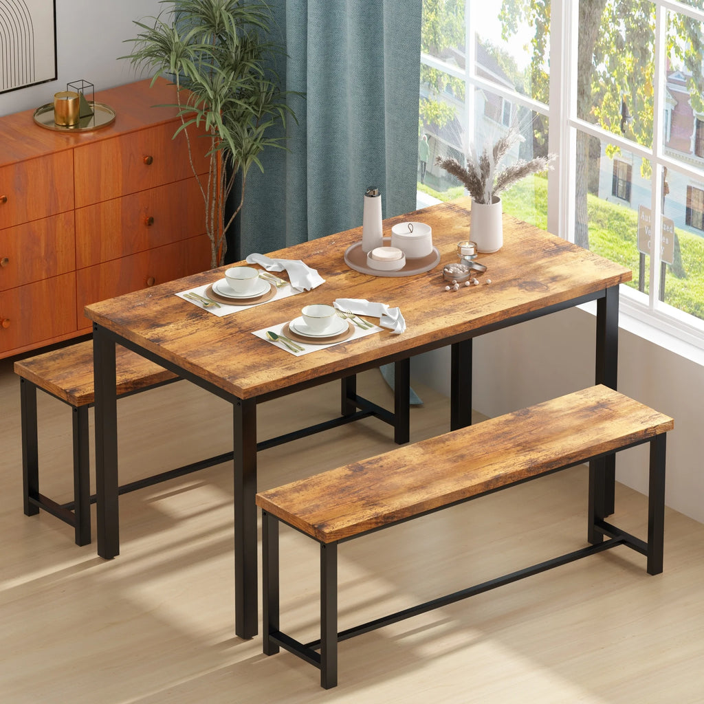 3 Piece Dining Table with 2 Benches Set Black U8061