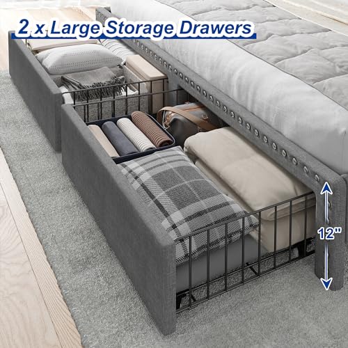 King Size Upholstered Platform Bed Frame with Storage Headboard and Drawers D23809